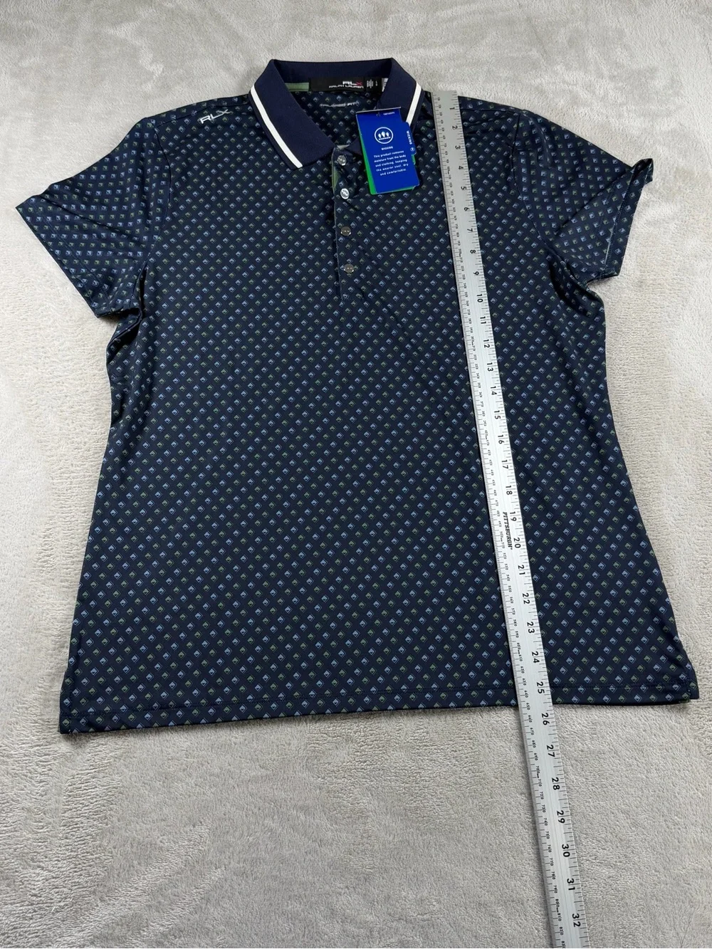 RLX Ralph Lauren Womens Geometric Golf Polo Shirt L Navy Tailored Fit